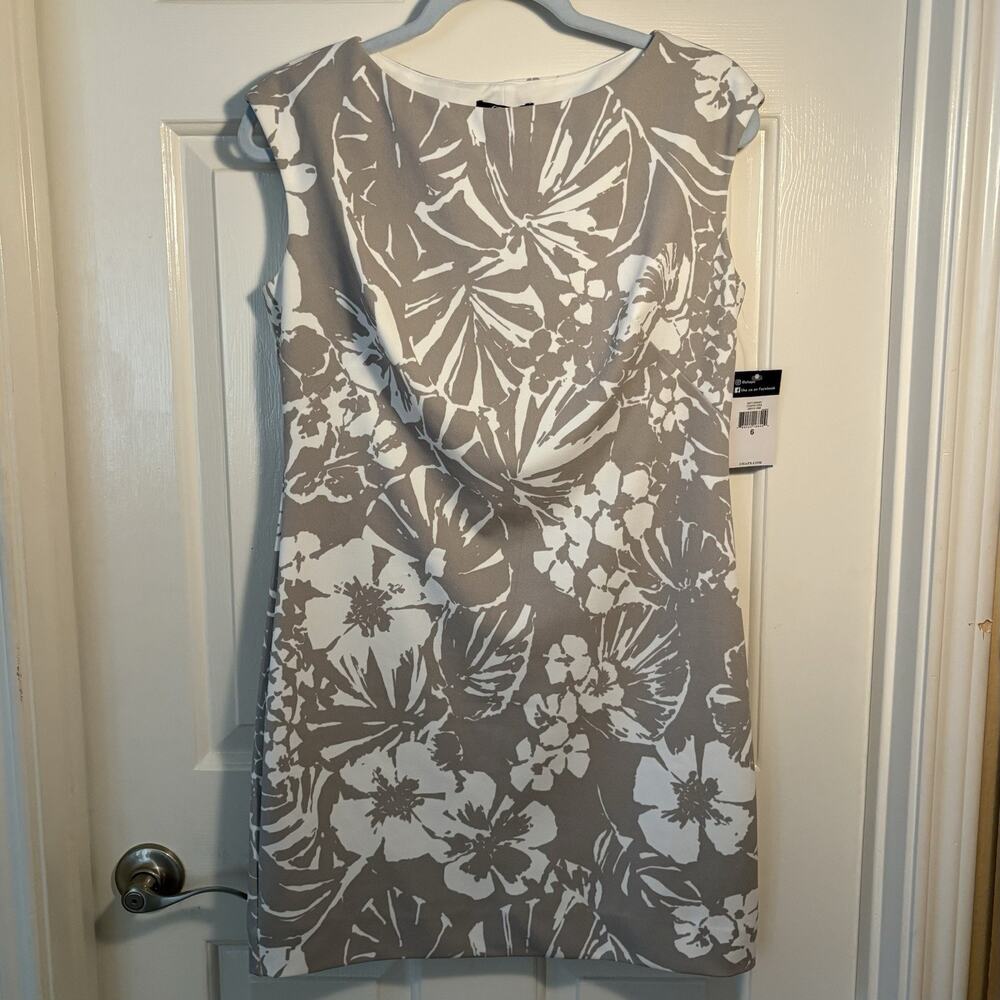 Chaps Ralph Lauren Gray And Cream Floral Boat Neck Sleeveless Dress Size 6 NWT - Picture 3 of 10